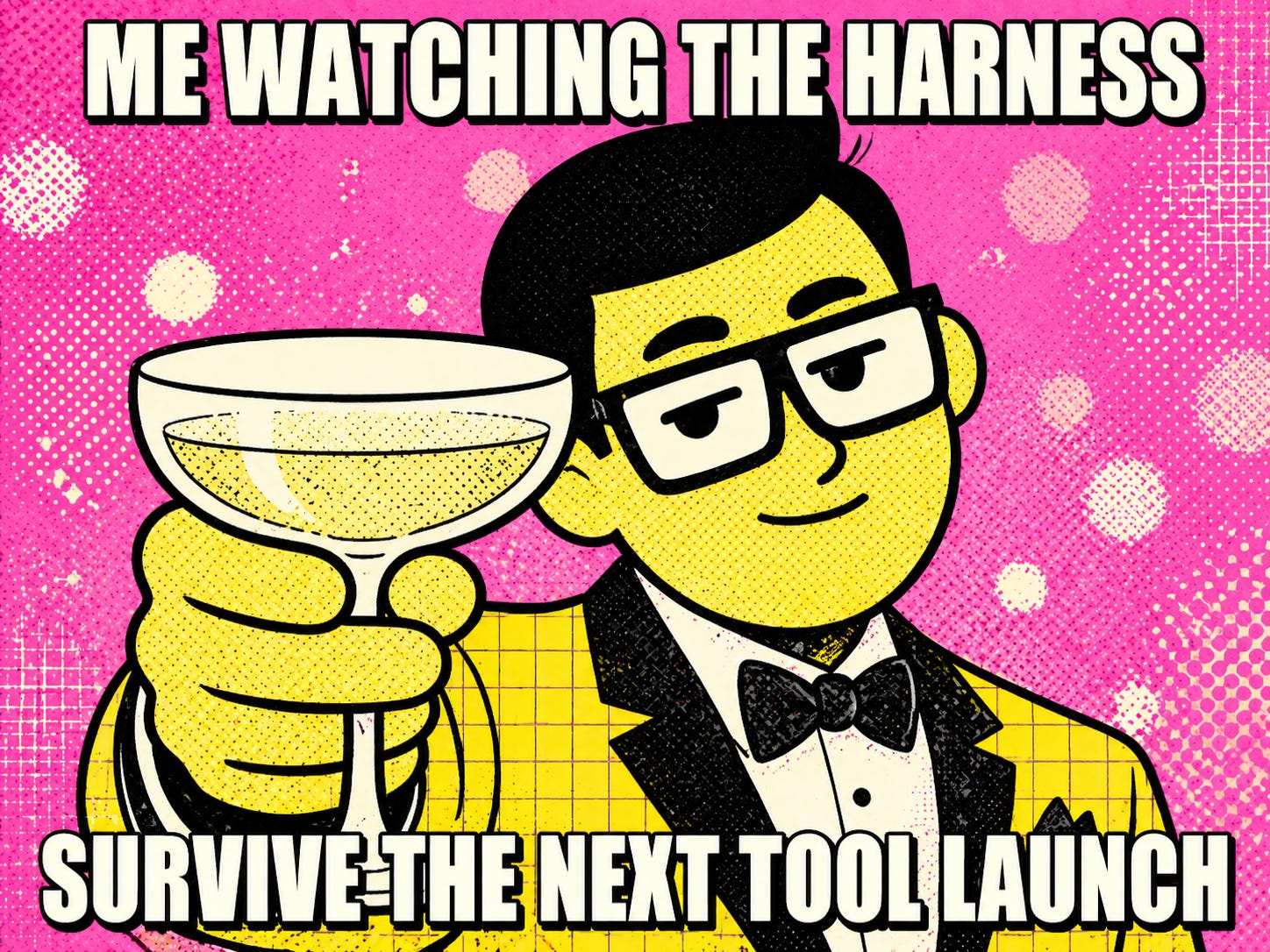 Pop-art meme of a smiling man in a yellow tuxedo raising a champagne coupe against a pink halftone background. Top text: "ME WATCHING THE HARNESS." Bottom text: "SURVIVE THE NEXT TOOL LAUNCH."