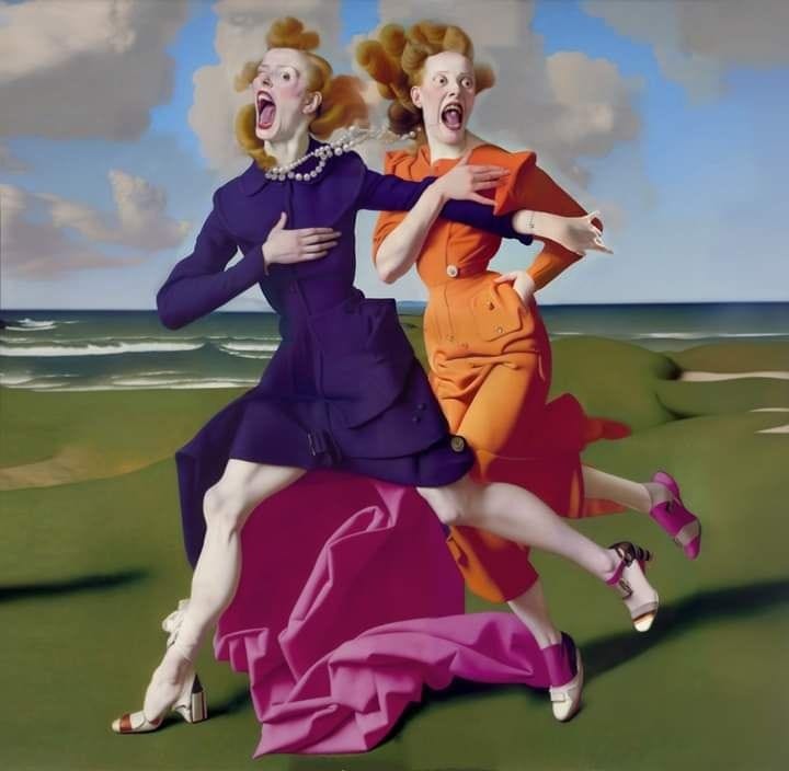 Two fashionably dressed women run across a surreal coastal landscape with exaggerated, astonished expressions.