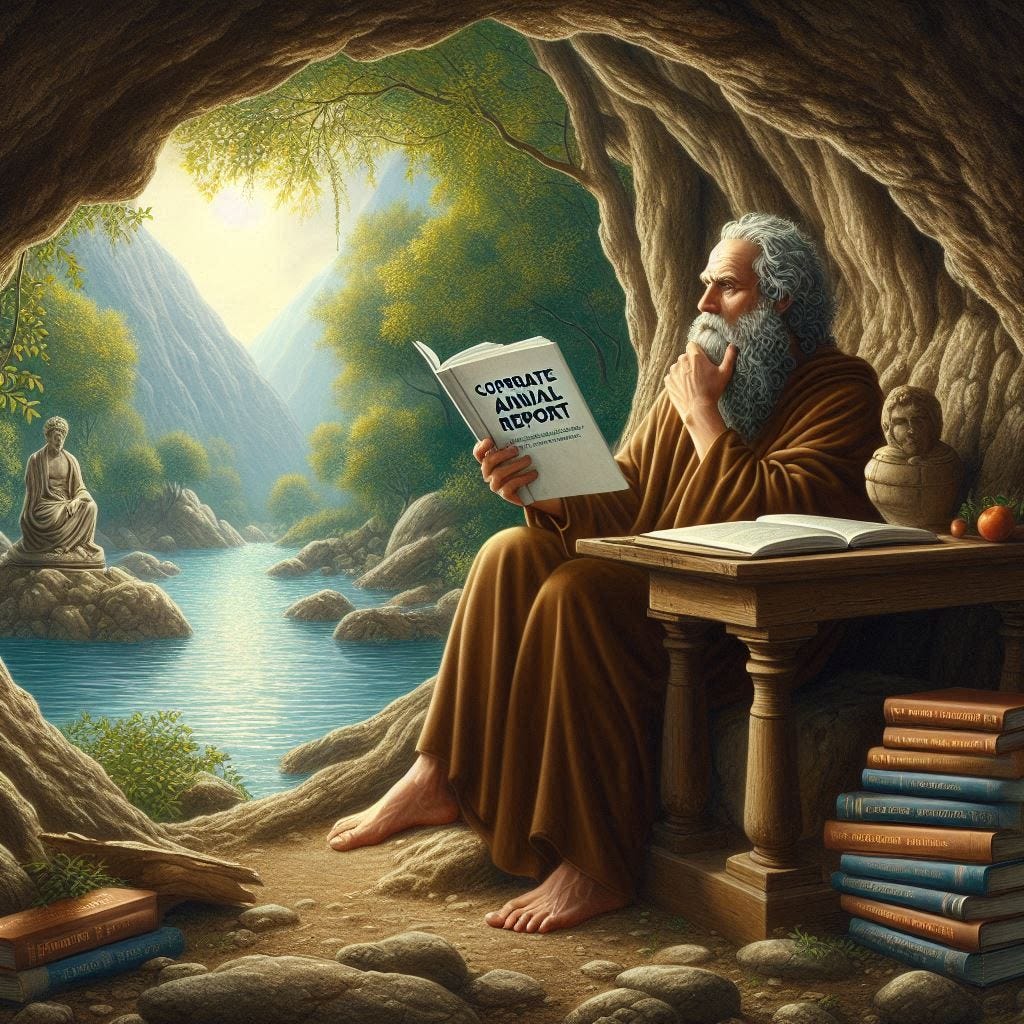 an ancient philosopher sitting in a grotto by a river. he is reading a corporate annual report. On the table next to him is a stock of Poetry books