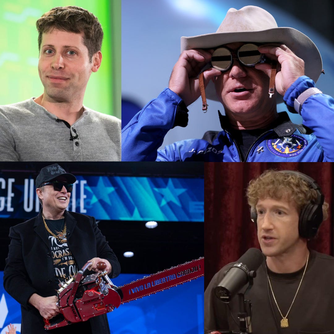Composite image of Sam Altman, Jeff Bezos, Mark Zuckerberg, and Elon Musk.