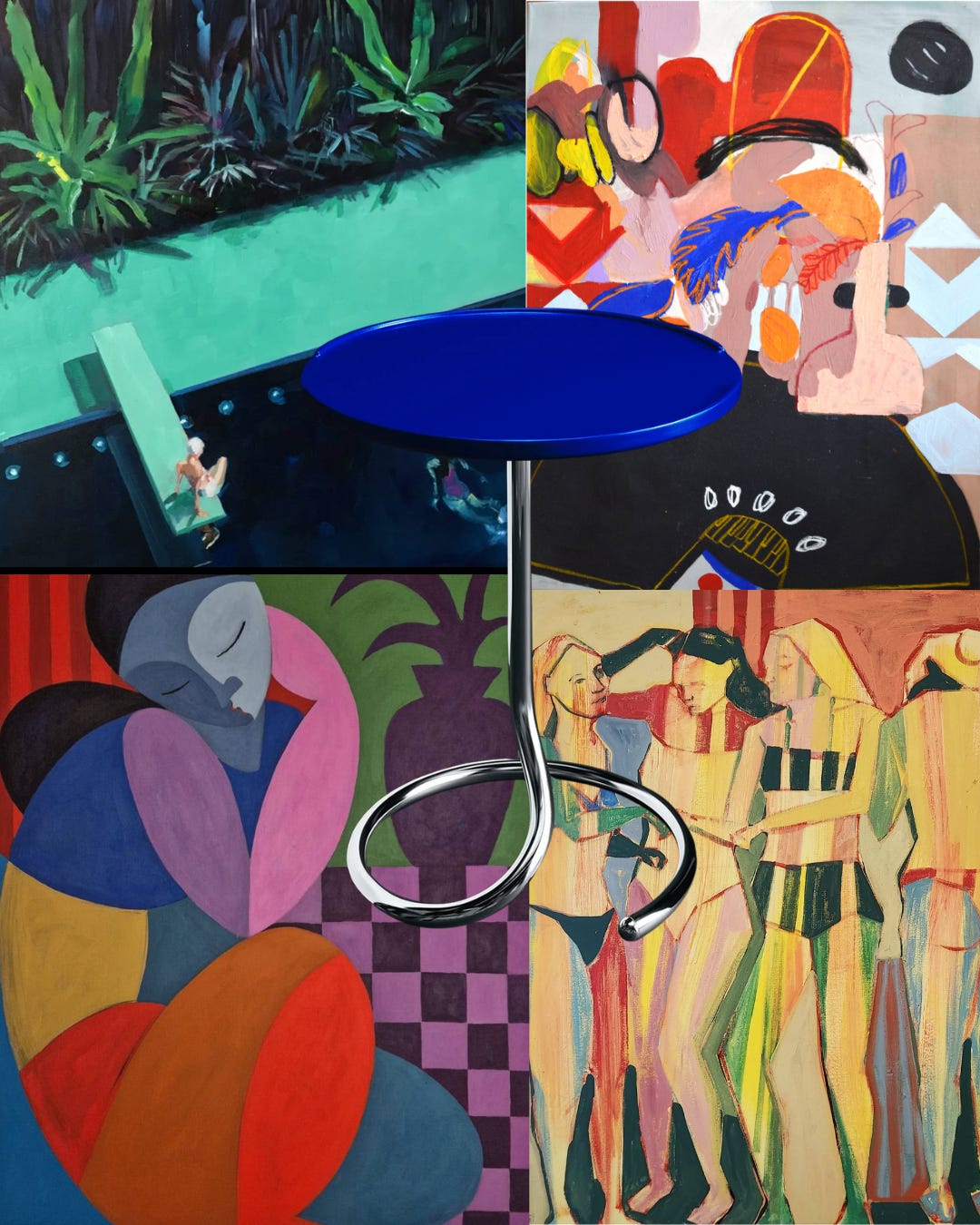 Bright blue TV tray table centered over a collage of colorful figurative paintings.