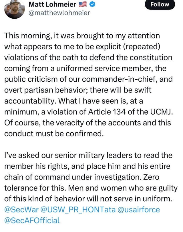 Wild morning on social media someone tagged the undersecretary of the af  which immediately led to AF launching an investigation into SMSgt Adam  Antonioli and his entire chain of command . (