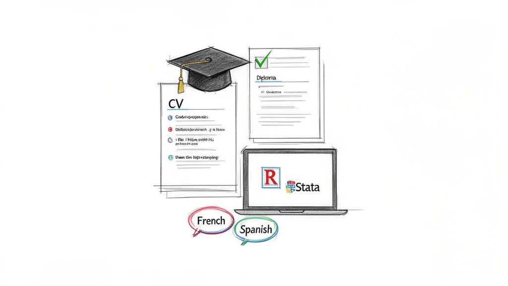 Graduation cap, CV, diploma, laptop with R and Stata, and French and Spanish language skills. Graduation cap, CV, diploma, laptop with R and Stata, and French and Spanish language skills.