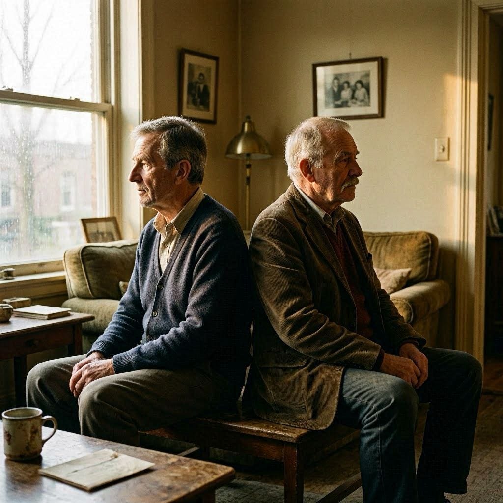 An image of two older men, turning away from one another in estrangement. An image of two older men, turning away from one another in estrangement.