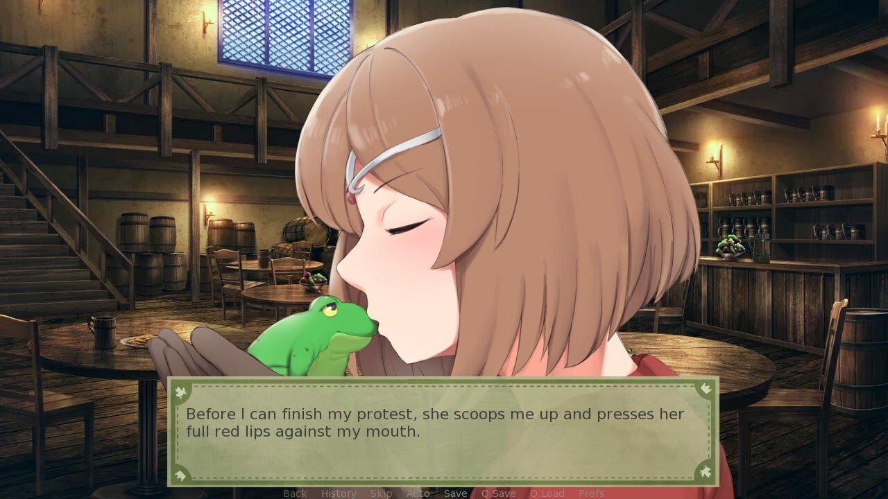 One of the princesses is kissing a frog