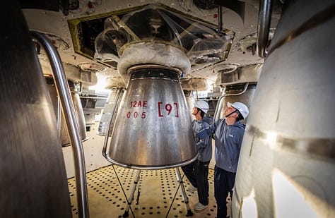 The Zhuque-3 first-stage booster test article ahead of the static fire test.
