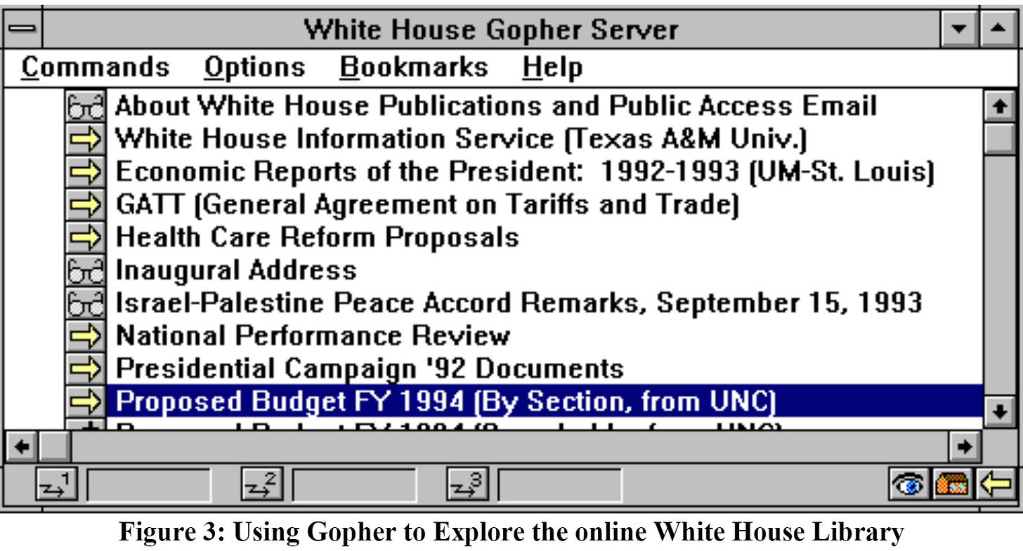Screenshot of White House Library running Gopher using a Windows NT based Gopher client. Screenshot of White House Library running Gopher using a Windows NT based Gopher client.
