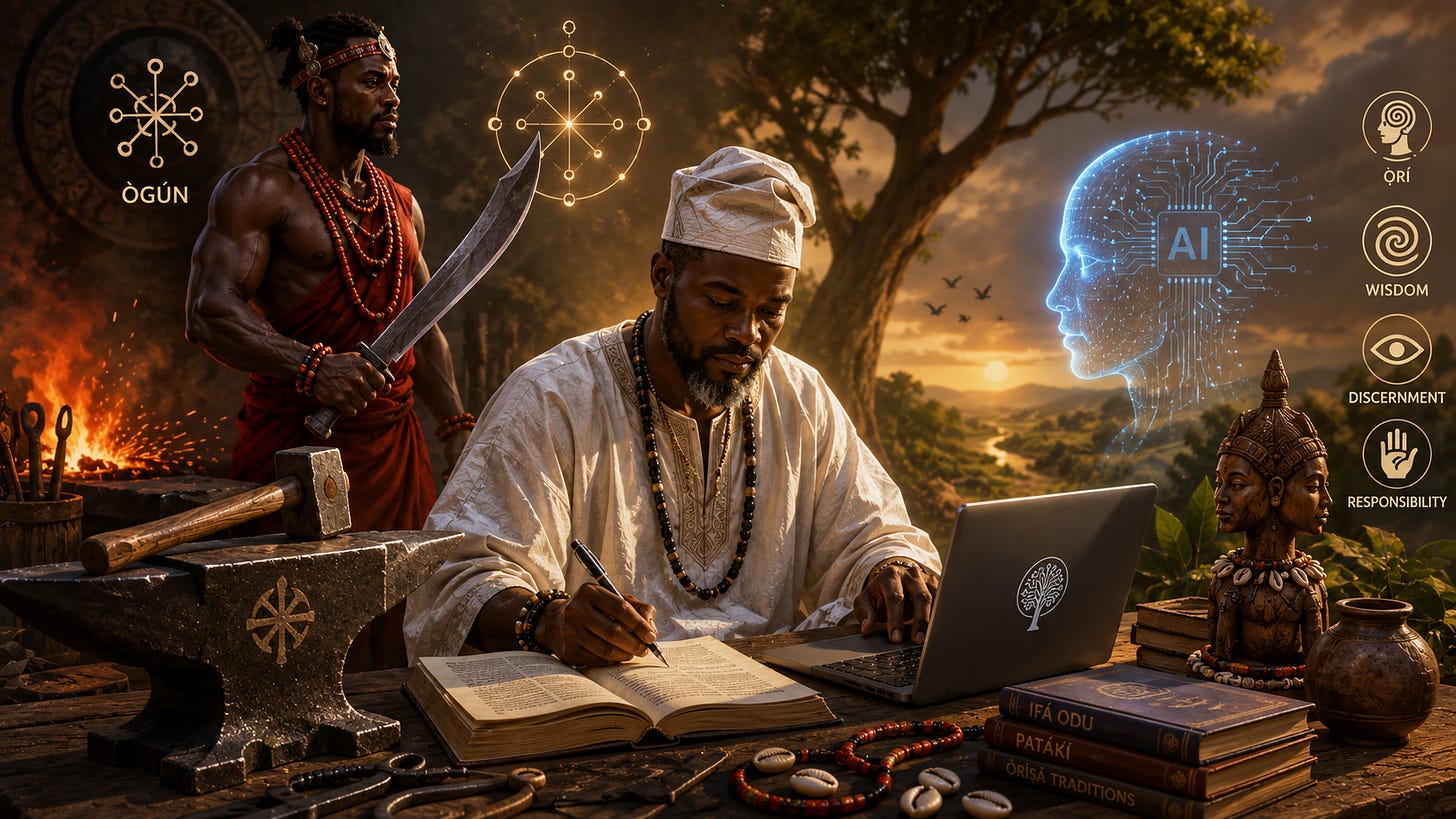 A Yoruba-inspired scholar in white robes writes beside a laptop while Ògún stands near a glowing forge holding a machete. Sacred books, cowrie shells, iron tools, and a luminous AI profile connect traditional wisdom with modern technology. Symbols of Orí, wisdom, discernment, and responsibility appear around the scene. A Yoruba-inspired scholar in white robes writes beside a laptop while Ògún stands near a glowing forge holding a machete. Sacred books, cowrie shells, iron tools, and a luminous AI profile connect traditional wisdom with modern technology. Symbols of Orí, wisdom, discernment, and responsibility appear around the scene.