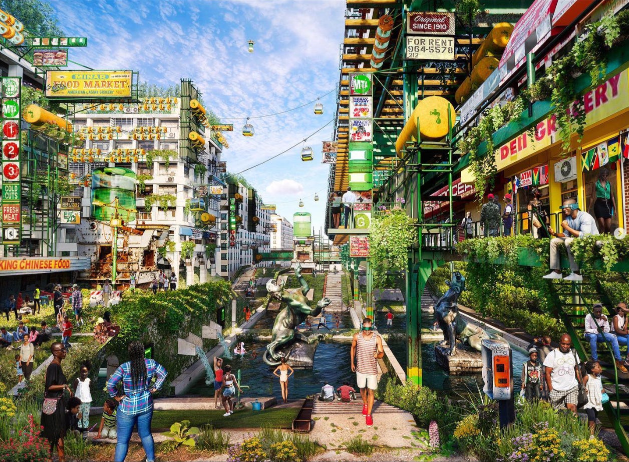 A reimagined Brooklyn with afrofuturist and solarpunk themes. There are green plants, water filteration tanks, transit skylines, drones, and people with VR headsets all around this dense city street