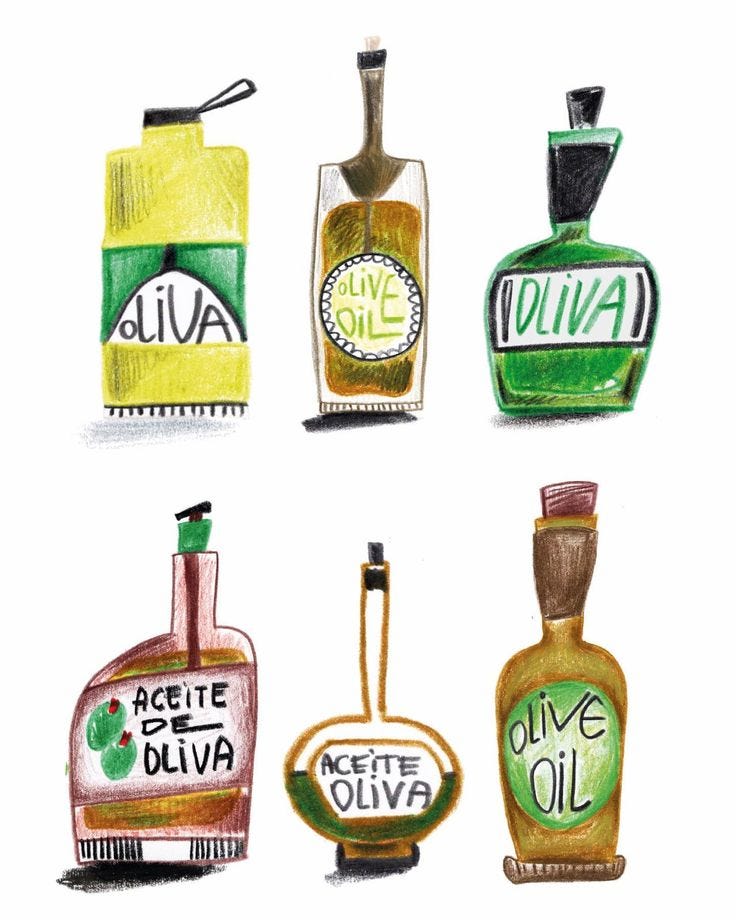 This may contain: four bottles with different labels on them are drawn in colored pencil and watercolors