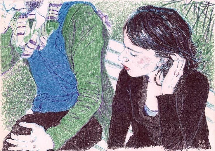 This may contain: a drawing of two people sitting next to each other, one is talking on the phone