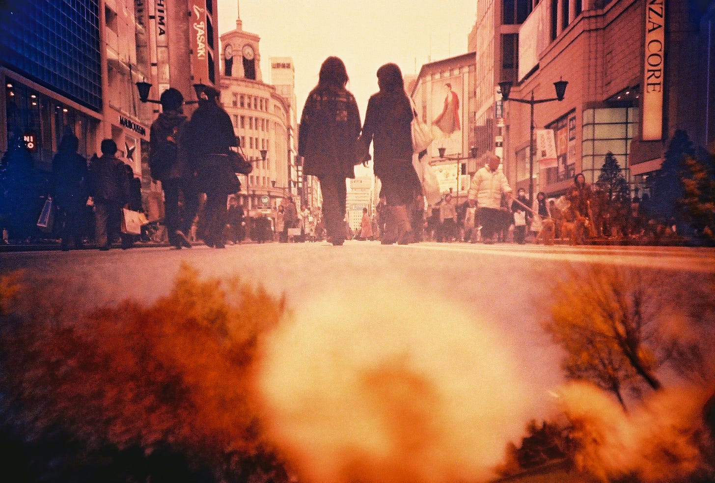A double exposure shows two women holding hands walking down a street in Tokyo, with out of focus plants and trees in the lower half of the frame.