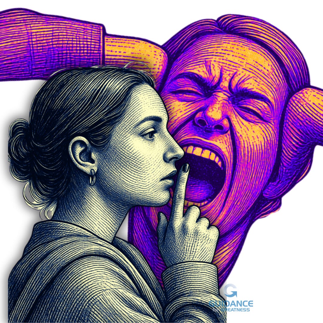 A woodcut-style illustration of a calm woman in profile pressing a finger to her lips for silence, while behind her a larger figure in vivid purple and orange screams in anguish, eyes shut and mouth wide open. A woodcut-style illustration of a calm woman in profile pressing a finger to her lips for silence, while behind her a larger figure in vivid purple and orange screams in anguish, eyes shut and mouth wide open.