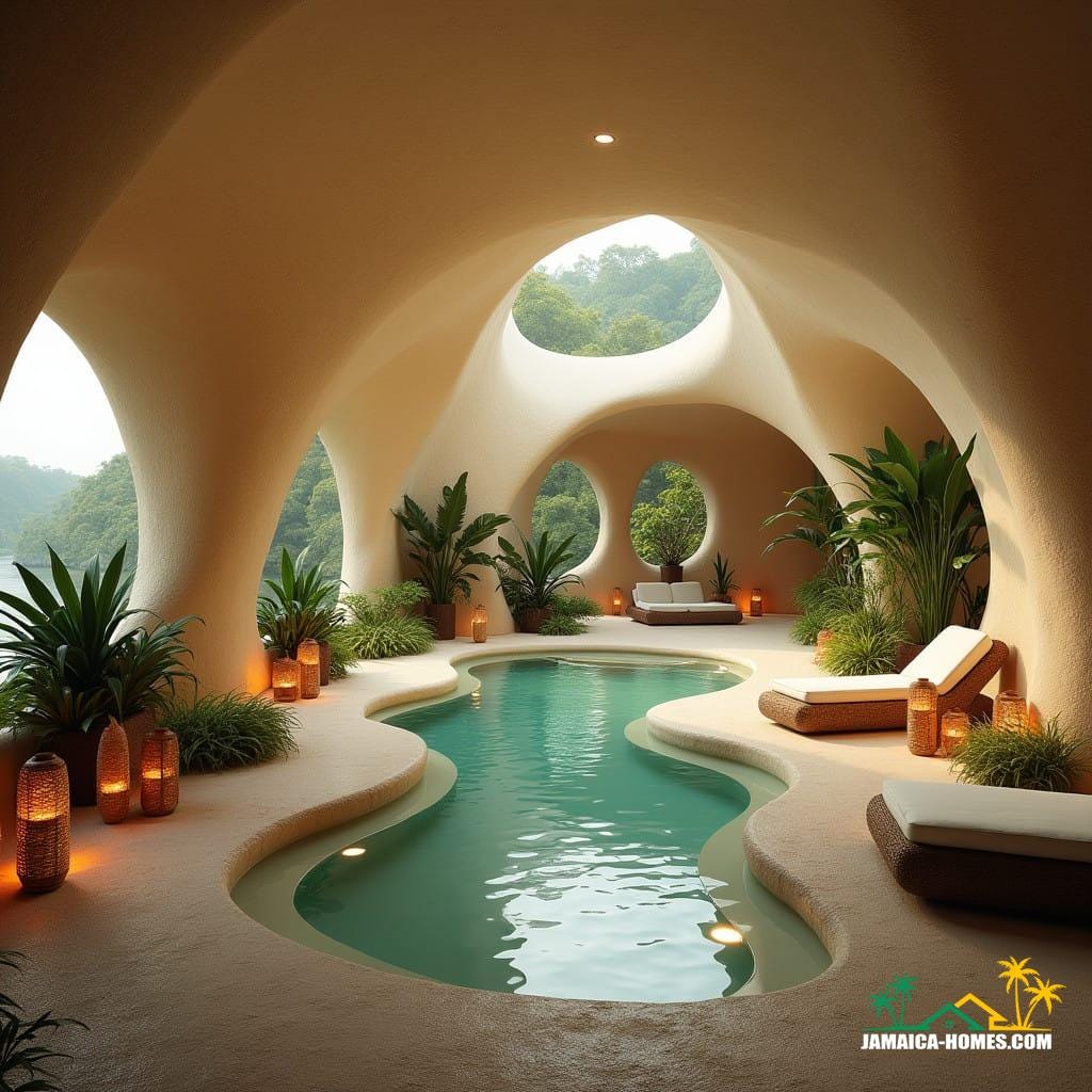 A serene and luxurious interior inspired by organic cave-like architecture, located in Jamaica. The space features smooth, flowing, natural curves in soft beige and sandy tones. In the center, a tropical, natural-looking pool with a glowing edge is surrounded by plush, modern lounge seating. The lighting is warm and ambient, created by lanterns and soft, recessed fixtures. Incorporate lush tropical plants, like small palm trees and vibrant greenery, strategically placed throughout. Add subtle Jamaican design elements, such as carved wood accents, woven textures, and local artisanal décor. Large windows on one side let in natural sunlight, revealing a view of a tropical beach or lush rainforest. The atmosphere is tranquil and inviting, designed for ultimate relaxation and connection with nature.