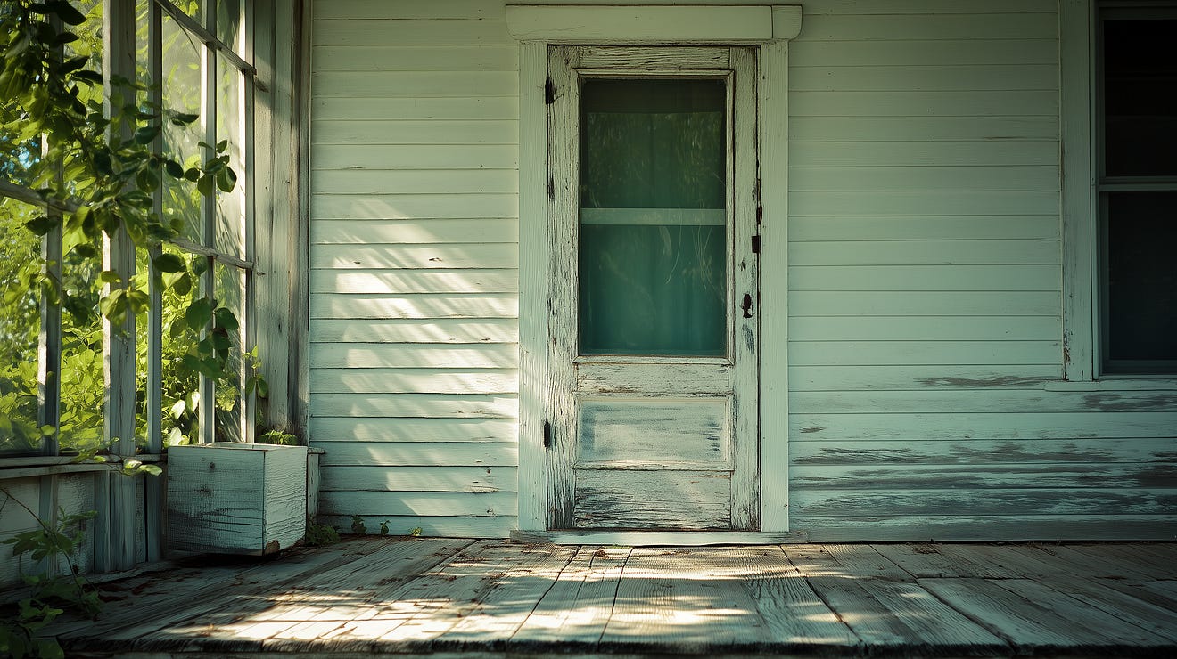 Front porch of a vintage house with a weathered wooden screen door, peeling paint, and aged siding, surrounded by lush greenery. Rustic charm and nostalgic details highlighted in soft sunlight, ideal for inspiration in old house architecture or rustic home decor