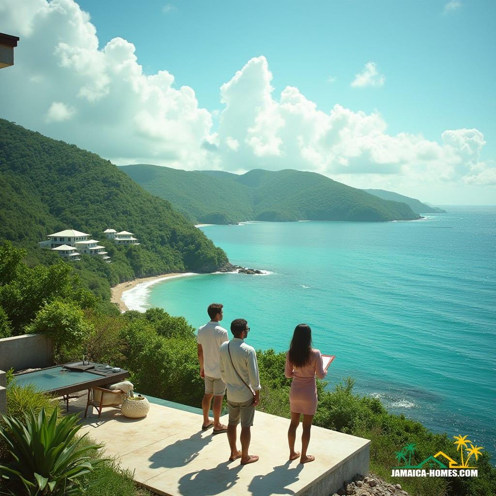 A stylish Jamaican realtor, smartly dressed in a crisp outfit, stands with two interested buyers in front of a freshly painted gate, surrounded by vibrant tropical landscaping, viewing a well-maintained villa on a sunny coastal hillside, overlooking turquoise Caribbean waters, with lush green hills and distant villas, in a cinematic film still style, with bright natural lighting, realistic details, and a clean contemporary aesthetic, reminiscent of the works of Andreas Gursky, Steve McCurry, and National Geographic photographers, with a 35mm film grain, subtle vignette, and cinematic color grading.