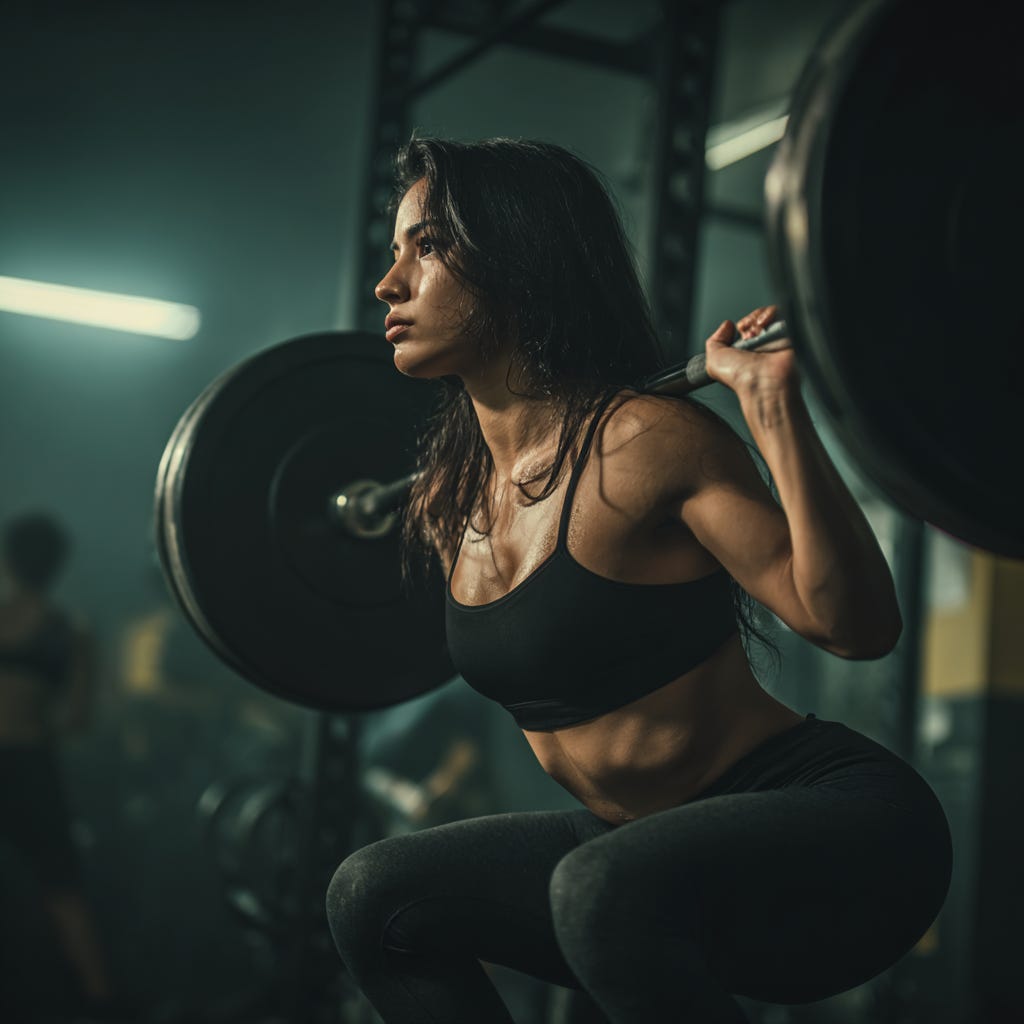 Fit, strong, female doing barbell back squats