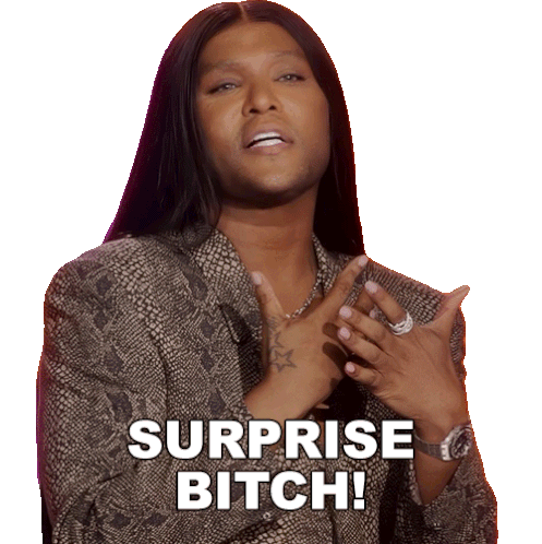 a man with long hair says surprise bitch on a white background
