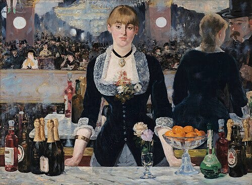 Édouard Manet, A Bar at the Folies-Bergère, 1882. A barmaid stands behind a marble counter of bottles, the crowded music hall reflected in the mirror behind her.