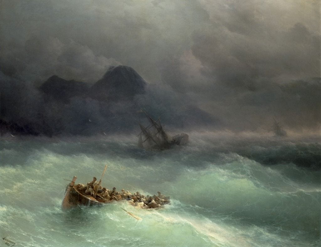 An oil painting featuring a life boat full of people pulling away from a capsizing ship. The two vessels are being tossed about on a freezing sea with huge waves underneath a stormy sky.