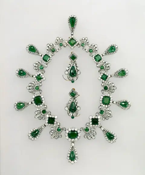 Louvre Museum A silver necklace with green jewels stolen during the Louvre heist