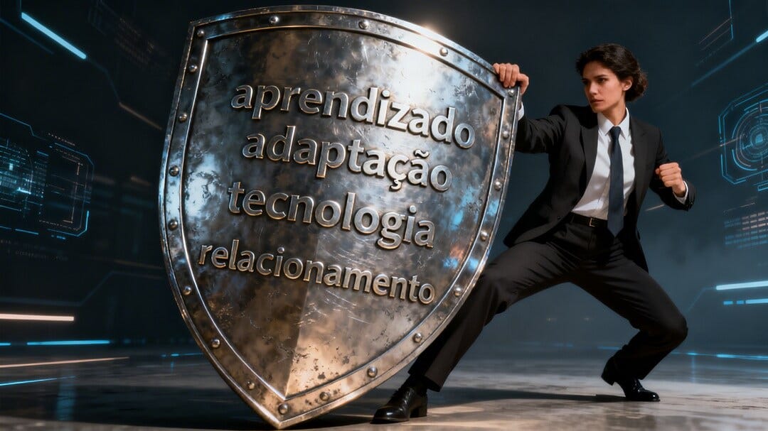 imagem de uma vendedora segurando um escudo de metal grande. No escudo está escrito : aprendizado, adaptação, tecnologia, relacionamento