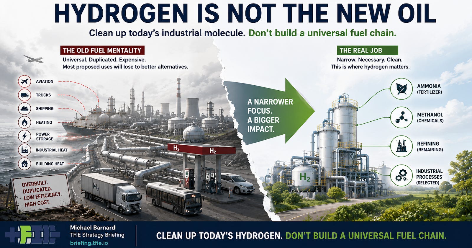 Editorial graphic contrasting broad hydrogen fuel claims with a smaller industrial cleanup pathway. Editorial graphic contrasting broad hydrogen fuel claims with a smaller industrial cleanup pathway.