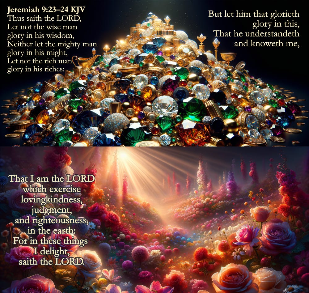 The image is a visually striking, dual-panel artwork illustrating **Jeremiah 9:23-24 (KJV)**. The top panel features a lavish pile of gold, jewels, and treasures, symbolizing worldly wealth and power. The bottom panel depicts a radiant, colorful paradise-like garden bathed in divine light, representing God's righteousness, lovingkindness, and judgment. The biblical verses overlay both scenes, emphasizing the contrast between material glory and spiritual wisdom in knowing the Lord.