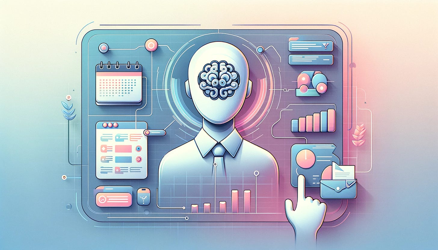 A minimalist banner image for an article about an AI-powered project manager. The image should feature a sleek and modern design with a simple and clean layout. It should include an abstract representation of an AI agent, perhaps as a friendly robot or an AI brain, interacting with project management tools like a calendar, task list, and progress chart. The background should be minimal with soft gradients or solid colors, and the overall feel should be professional and futuristic. No text should be included in the image. Make it more artistic with creative elements and design.