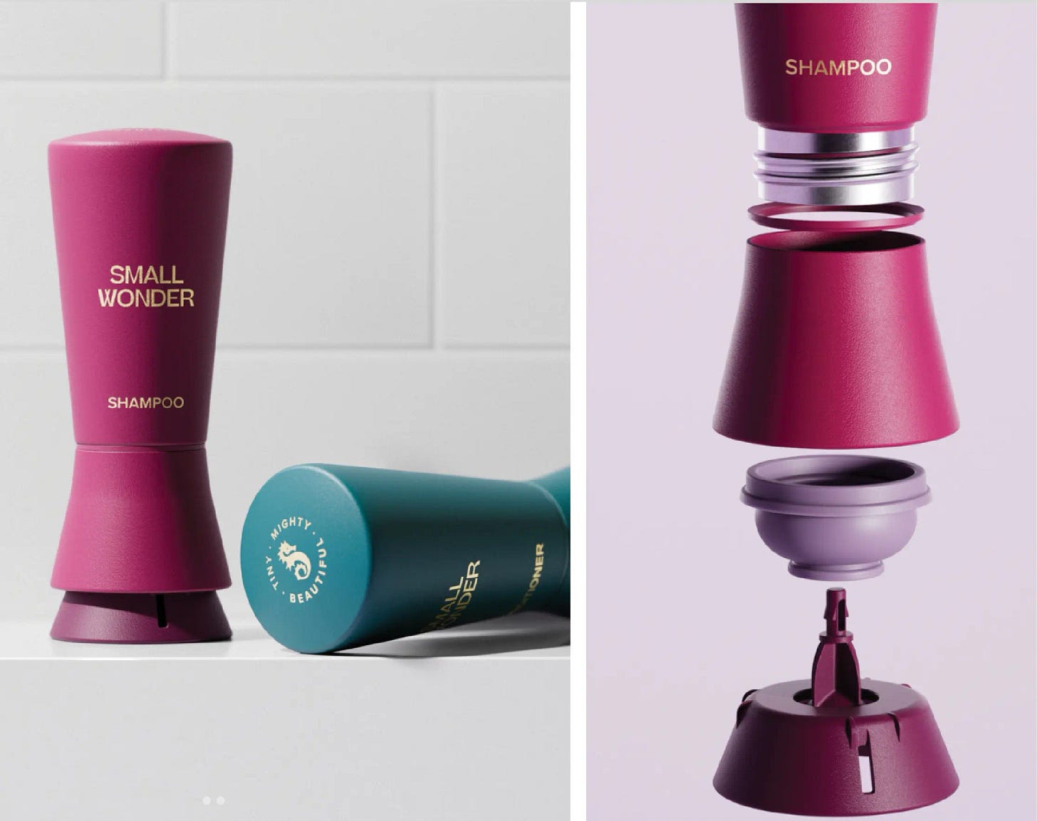 Small Wonder shampoo and conditioner bottles. A photo of the interior workings.