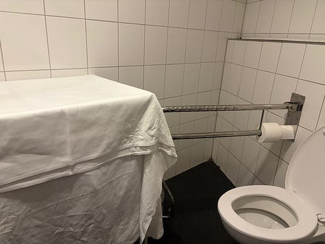 A potbury of accessible toilet photos with chairs, ladders, parasols and clutter 