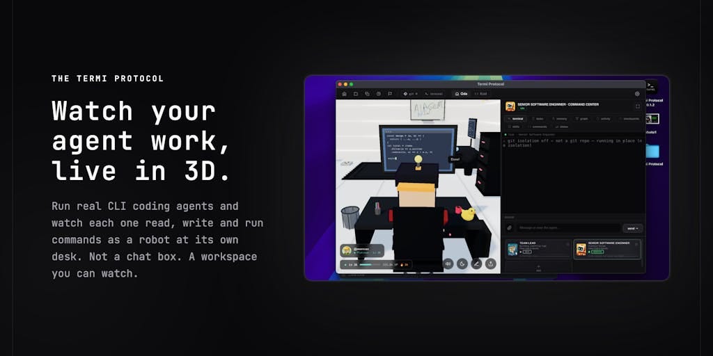 Termi Protocol: Watch your AI coding agents build, live in 3D Termi Protocol: Watch your AI coding agents build, live in 3D
