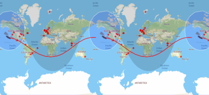 Vanguard 1’s 34.25° orbit on December 22, 2024 projected on a Mercator map. 