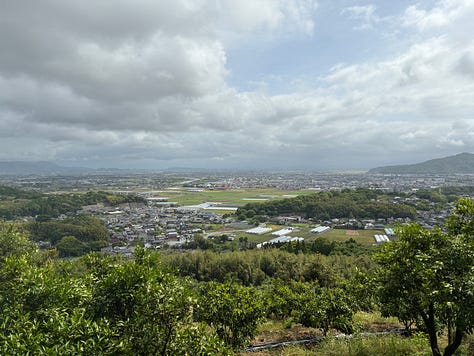 Three grey koi carp swim together in a river, two photos of the view over Kumamoto plain and Uto town