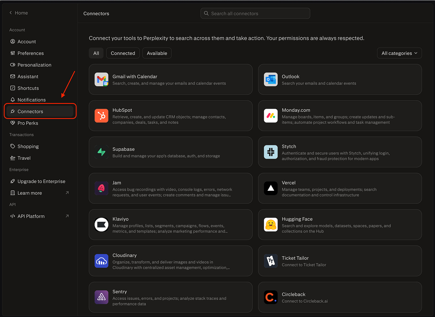 Connectors settings page showing available integrations including Gmail
