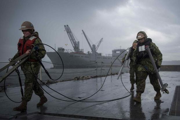 Amphibious Construction Battalion prepare Navy Lighterage System Causeway Ferry