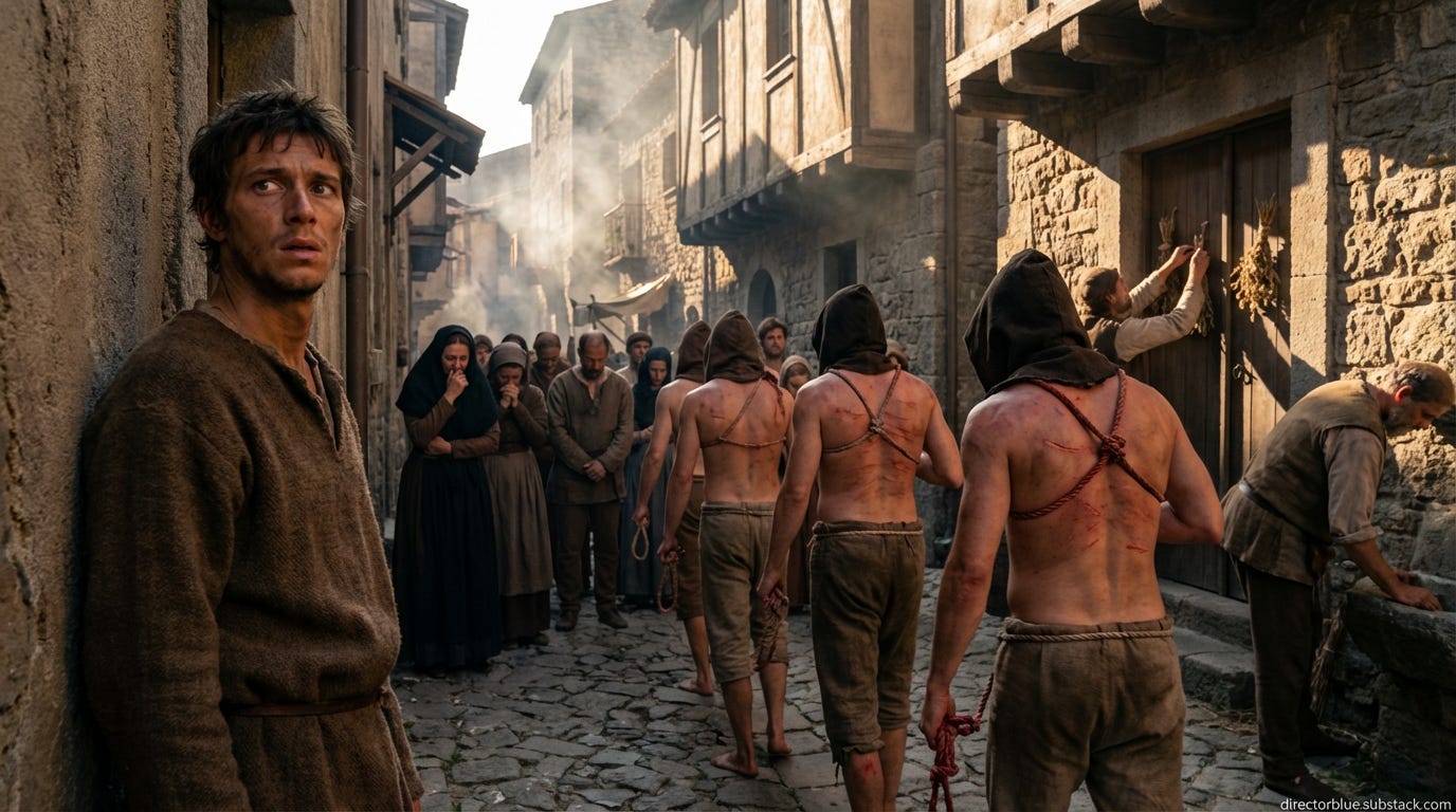 IMAGE PROMPTmipsasmPhotorealistic 169 cinematic photograph narrow medieval street in Messina Sicily at dusk October 1347 amber-golden dying sunlight casting long shadows on stone and timber buildings Center a lean 19-year-old Mediterranean d_image_1