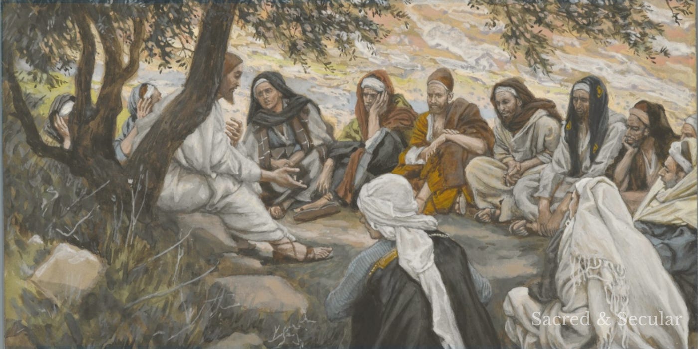 Jesus sits teaching a group of disciples gathered closely around him. The men listen attentively as he speaks, creating a scene of instruction, conversation and discipleship. Jesus sits teaching a group of disciples gathered closely around him. The men listen attentively as he speaks, creating a scene of instruction, conversation and discipleship.