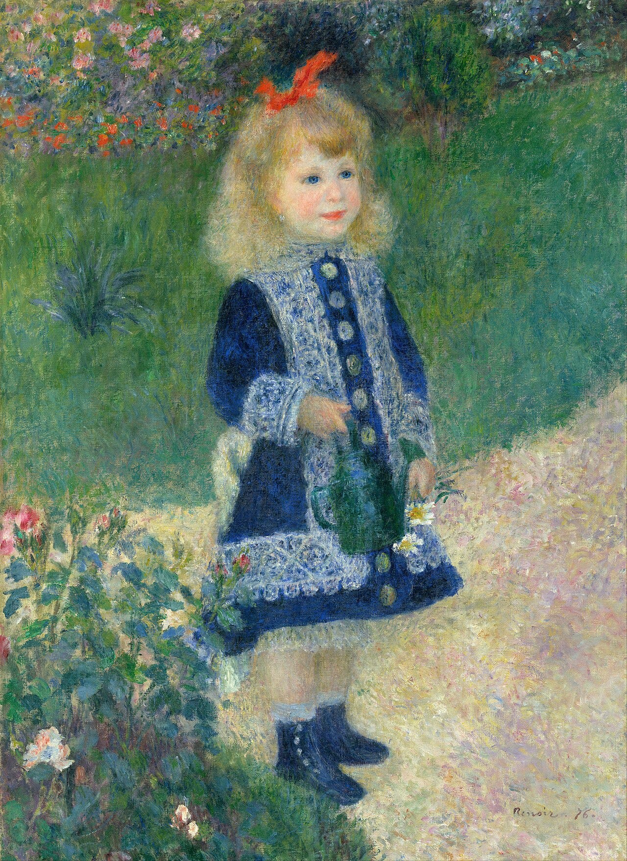 A small girl in a blue dress stands in a flowery garden holding a watering can A small girl in a blue dress stands in a flowery garden holding a watering can