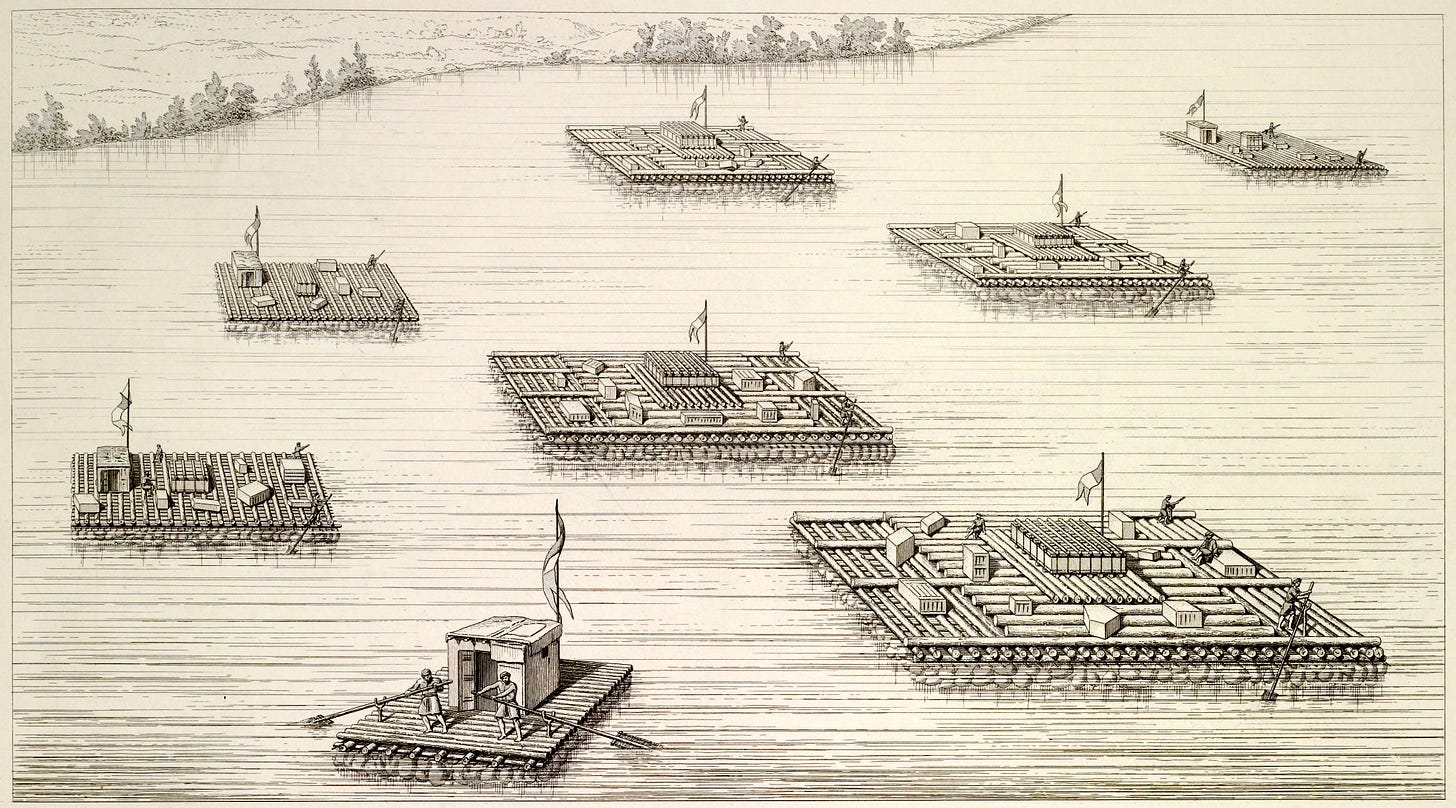 An engraving of the rafts meant to transport the Khorsabad Lamassus and reliefs down the Tigris River from Victor Place's 1867 report.
