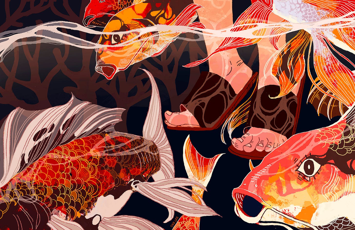 a primarily red illustration featuring koi fish swimming around a pair of feet