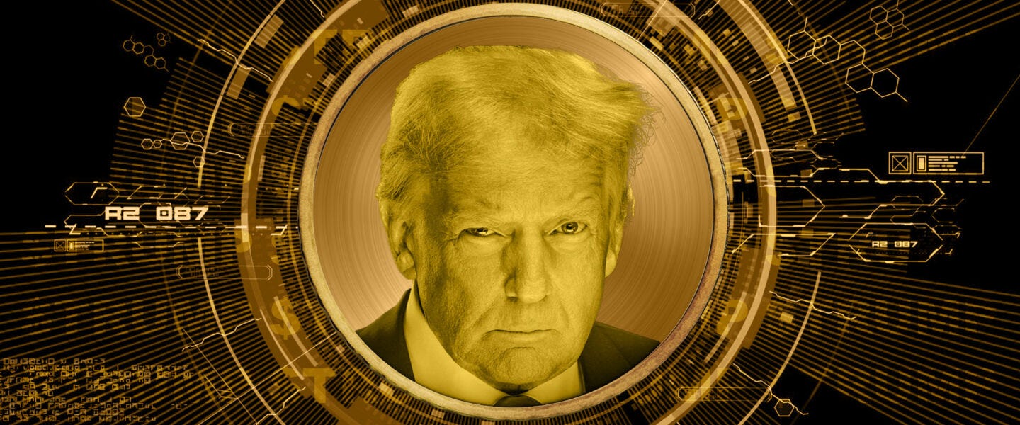 Donald Trump's face in a crypto memed background Donald Trump's face in a crypto memed background