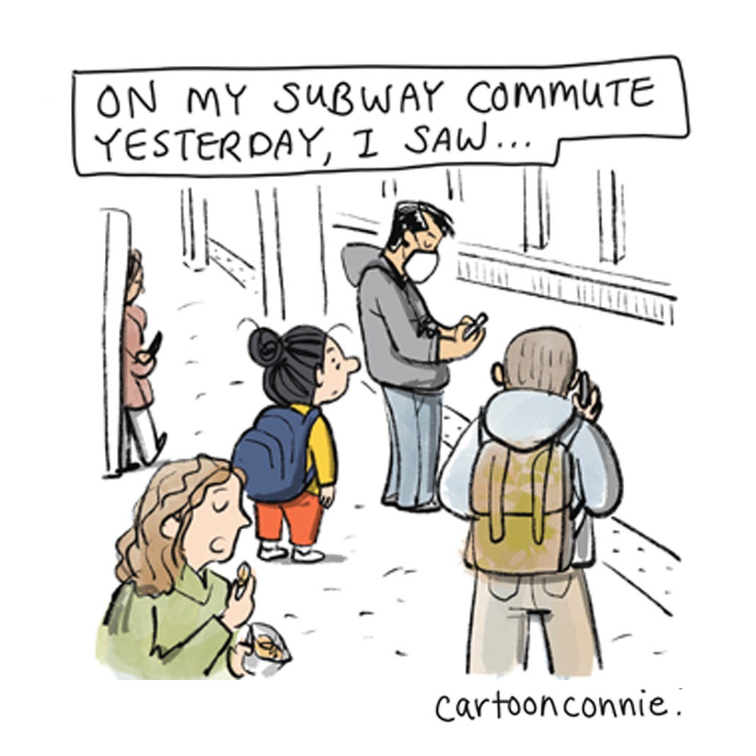 Panel 1 of a 6-panel diary comic with small scenes from New York City, drawn from memory by the artist. Titled "Small New York," 2026, by Connie Sun, cartoonconnie. 