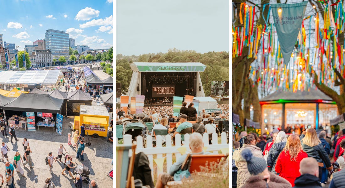 Three photos - one of a market stall in Nottingham city square, one of Splendour music festival with a green stage, and one of crowds of people walking
