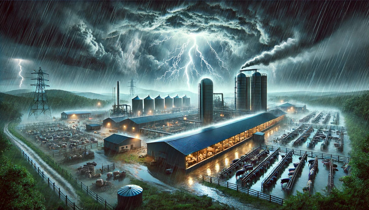 A realistic depiction of a factory farm at night under a dramatic storm. The sky is dark with heavy clouds, and flashes of lightning illuminate the scene. The factory farm includes large industrial buildings, silos, and pens holding numerous animals such as cows, pigs, and chickens. The ground is wet and muddy from the rain, and the wind blows fiercely, causing trees and debris to sway. The overall atmosphere is intense and moody, highlighting the power of the storm.