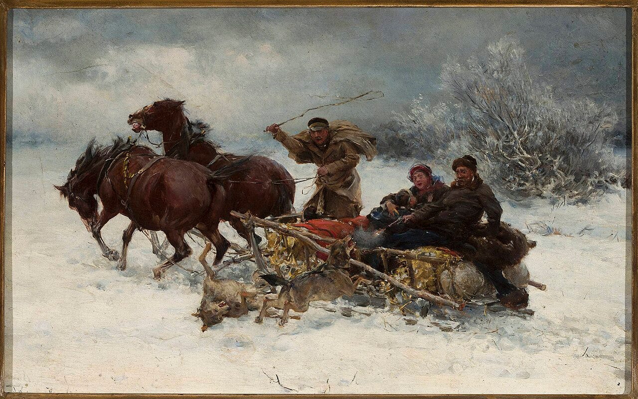 A pack of wolves racing after a fleeing horse and sleigh in snow