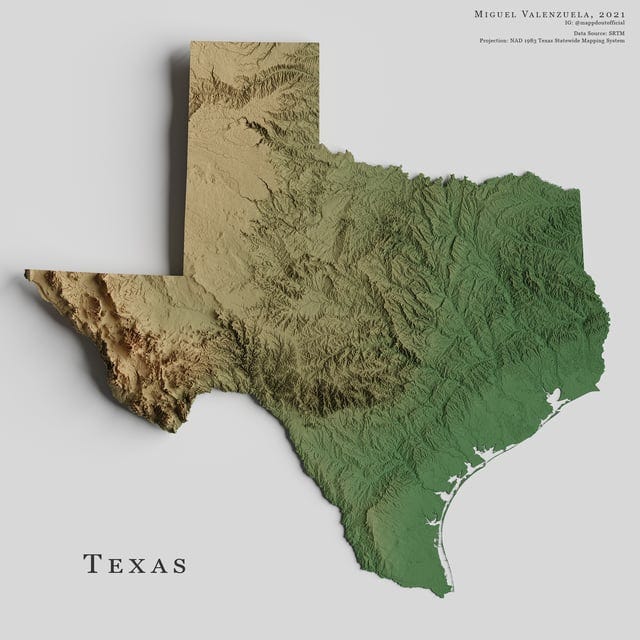 r/MapPorn - MIGUEL VALENZUELA, 2021 IG: Data Source: SRTM Projection: NAD 1983 Texas Statewide Mapping System ΤΕΧΑS