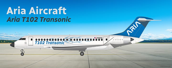 Aria T102 Transonic airliner in house livery, shown in side view while in midflight and while parked on a tarmac.