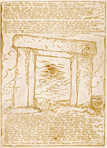 A road passes beneath a huge trilithon—perhaps to be identified with the Stonehenge site, mentioned several times in Jerusalem—that looms over three standing, or walking, figures.