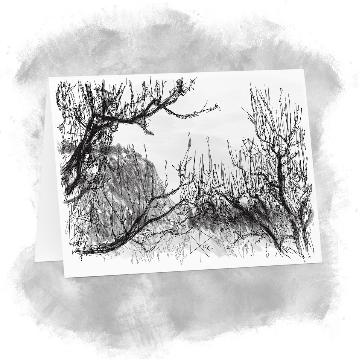 The bare limbs of several dormant apple trees partially obscure the mountain and trees in the far background. Sketch art by Don Rice. The bare limbs of several dormant apple trees partially obscure the mountain and trees in the far background. Sketch art by Don Rice.